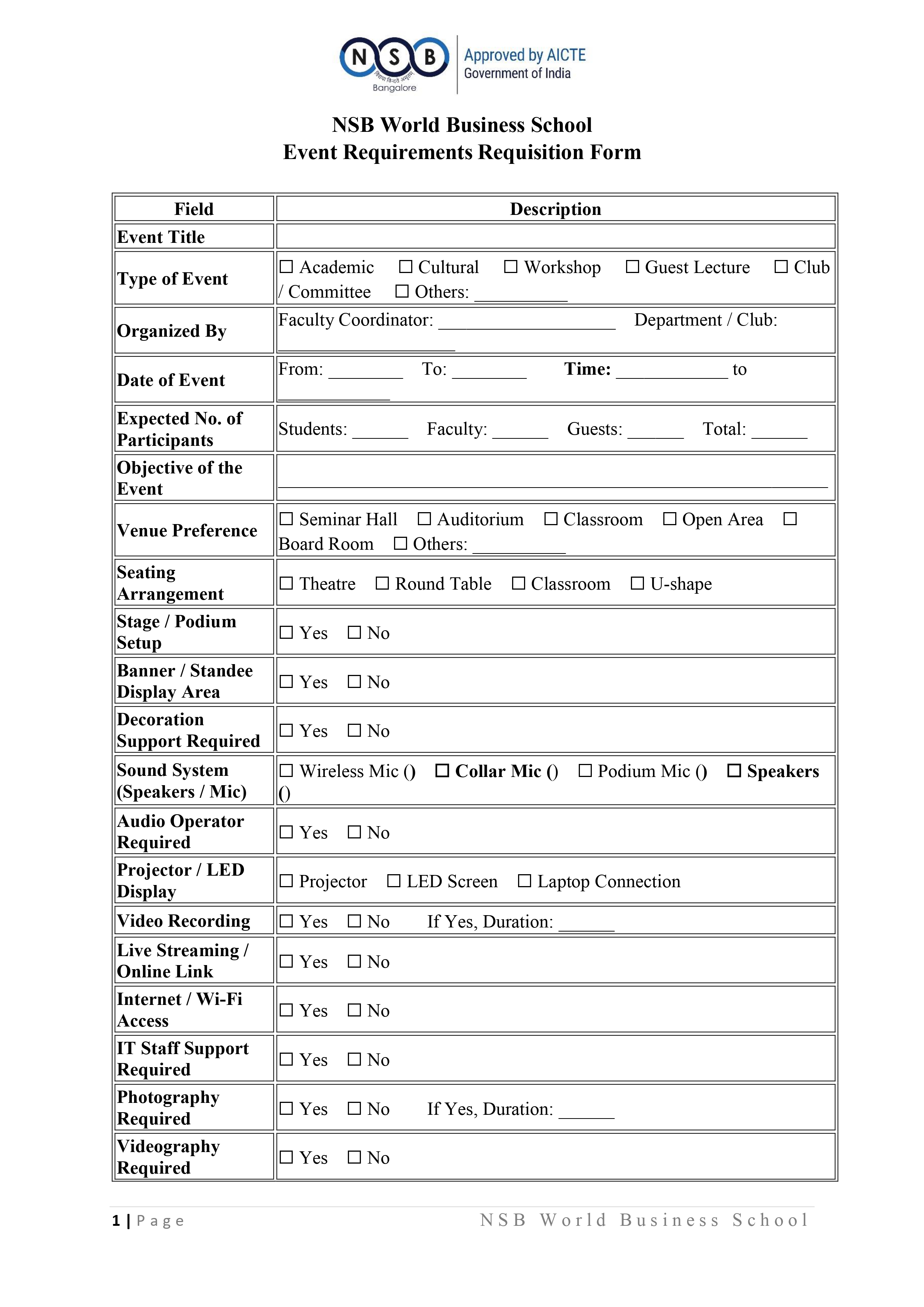 Event Requirements Form