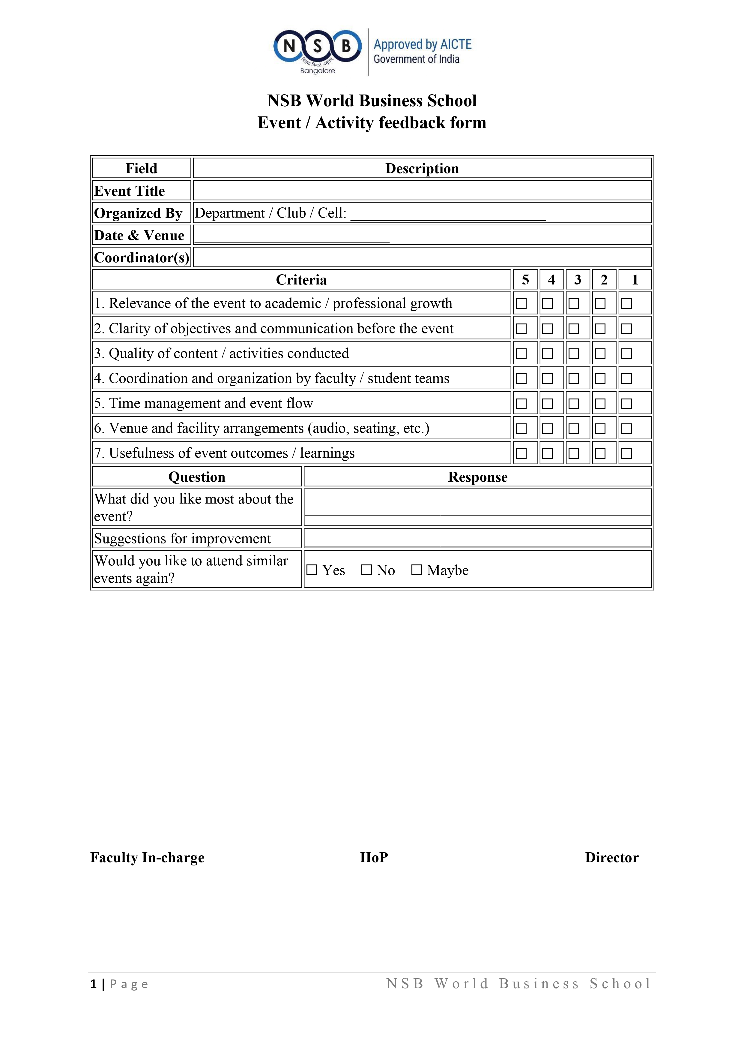 Feedback Format for Event or Activity