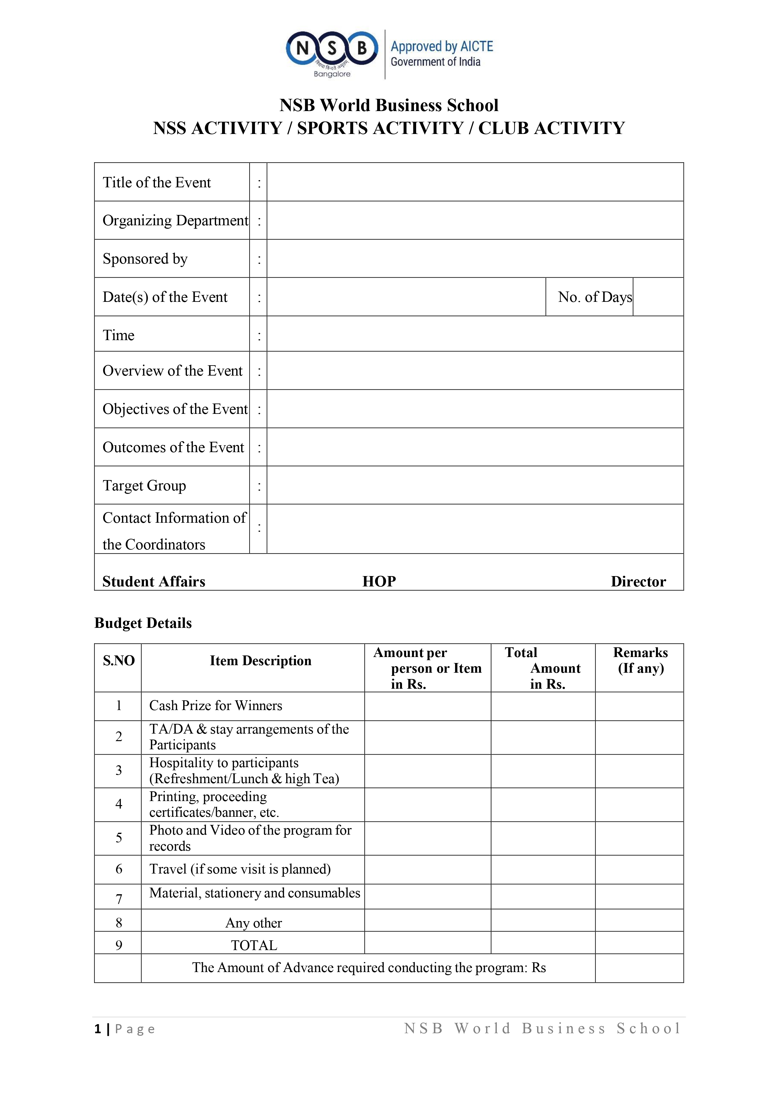 NSS/Sports/Cultural Events Form