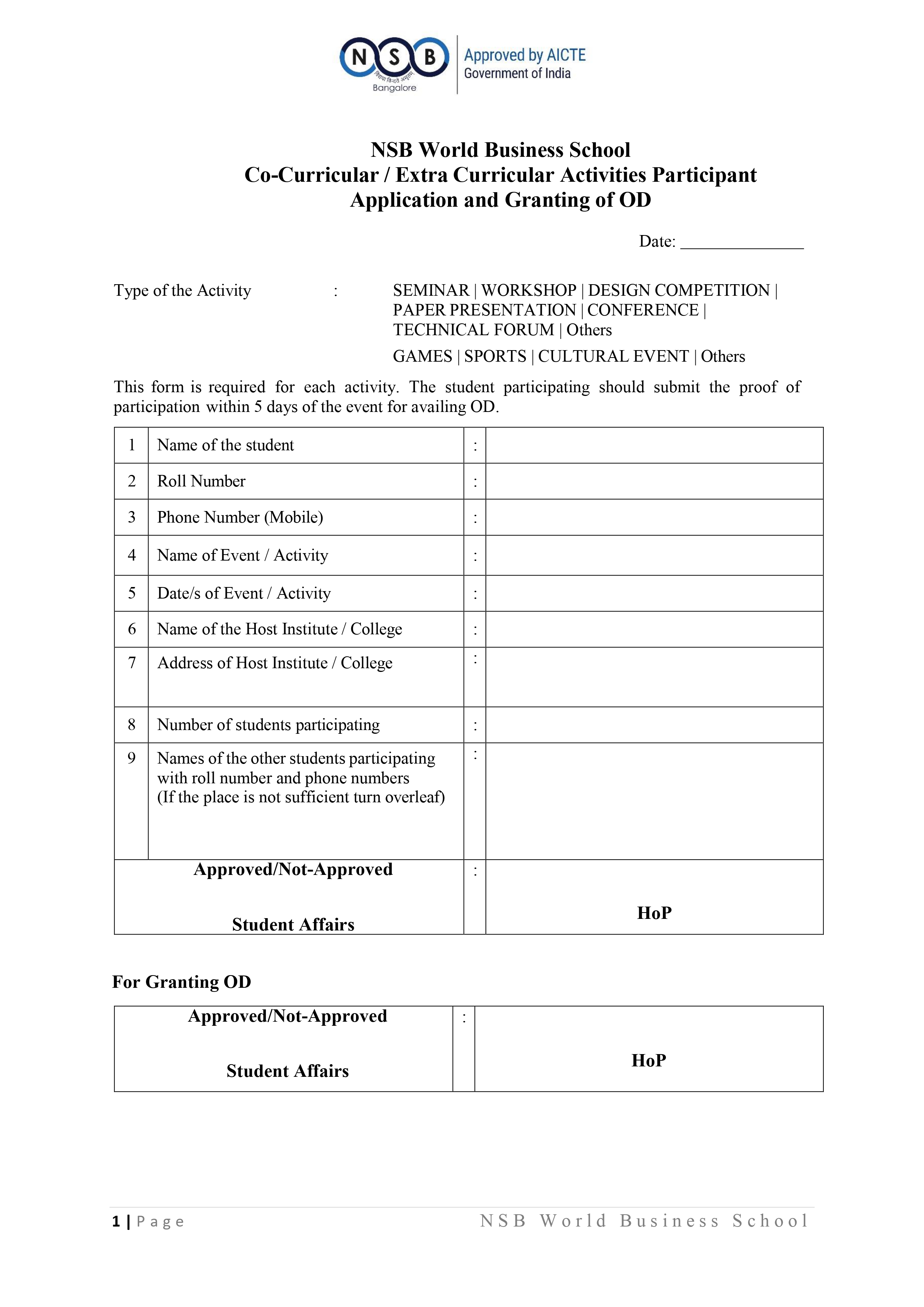 Permission and OD Granting Form